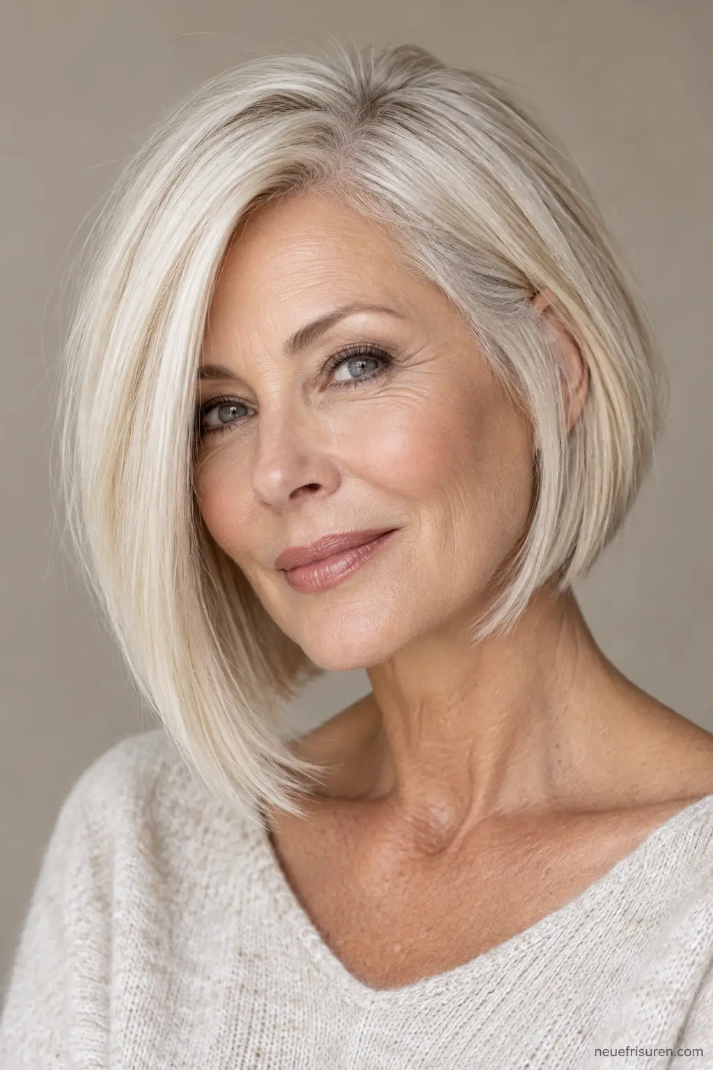Asymmetrischer Bob in Platinblond bei einer Frau ab 60