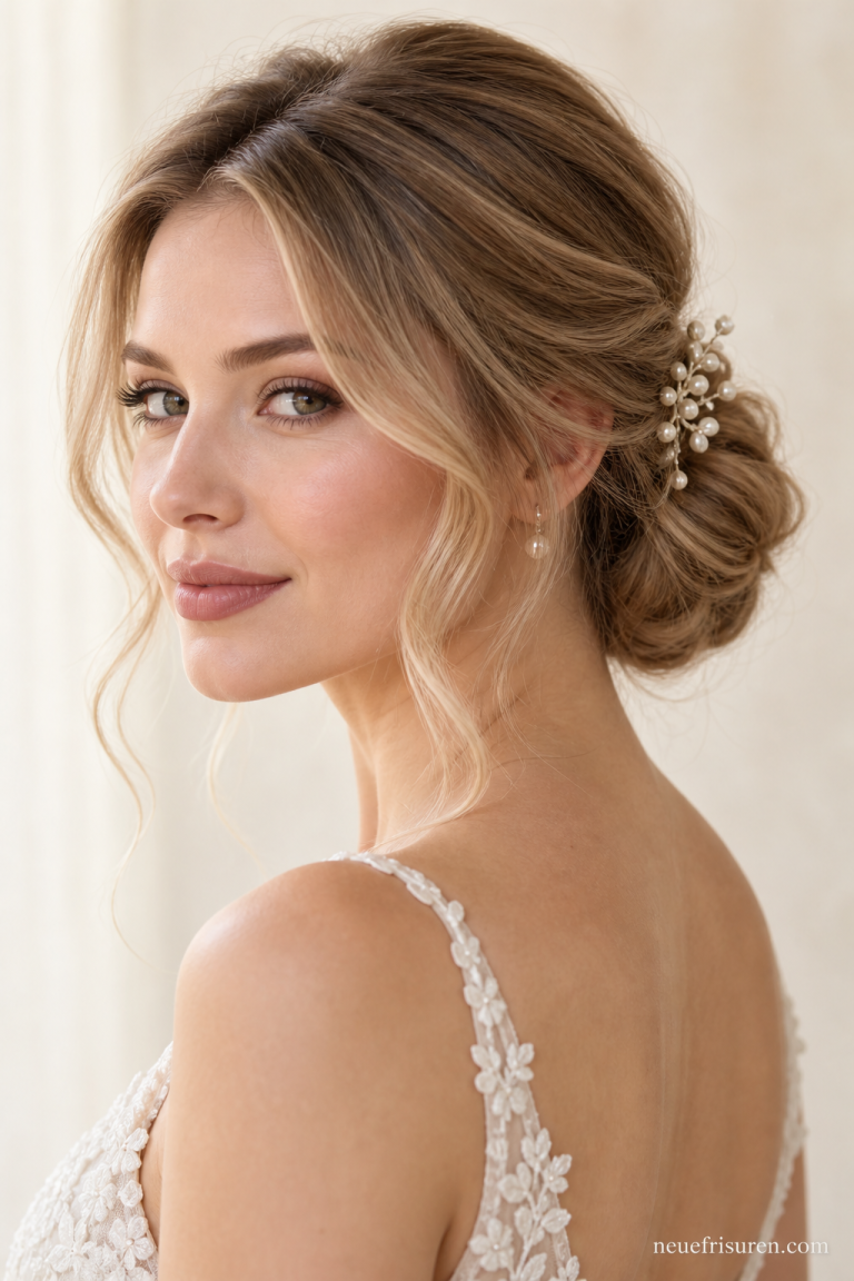 Elegante Hochzeitsfrisur mit tiefem Chignon und Haarspange