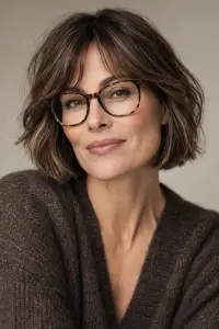 Kinnlanger Bob mit Curtain Bangs und Brille für einen harmonischen Look