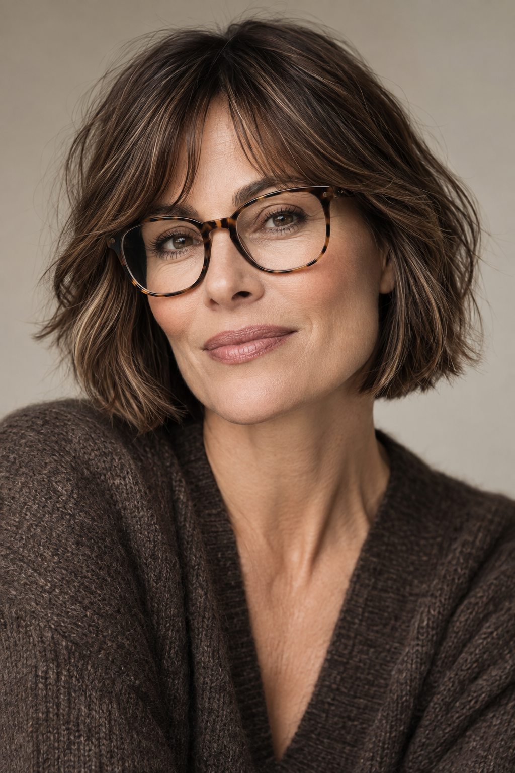 Kinnlanger Bob mit Curtain Bangs und Brille für einen harmonischen Look