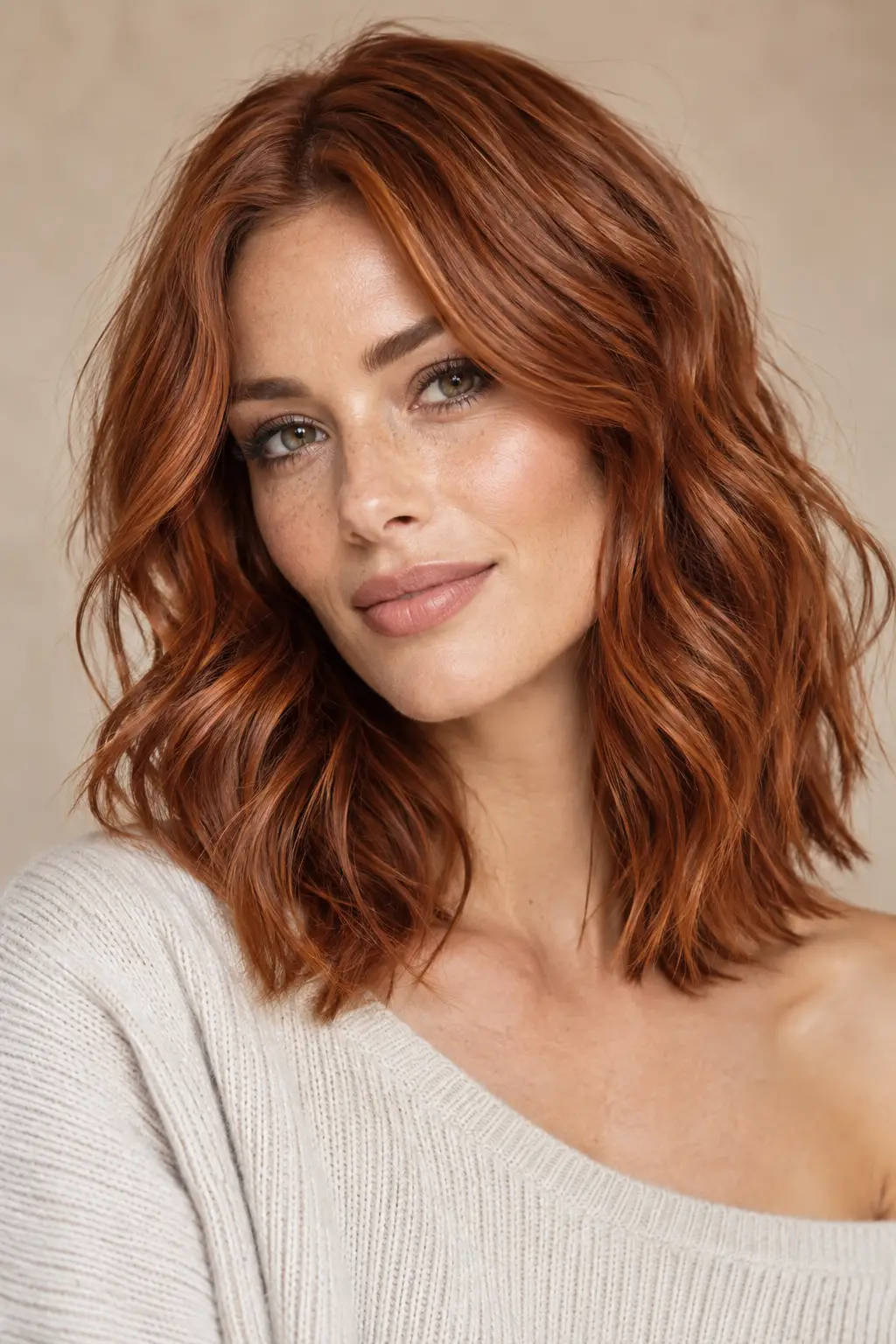 Kupferfarbener Long Bob mit glänzenden Längen