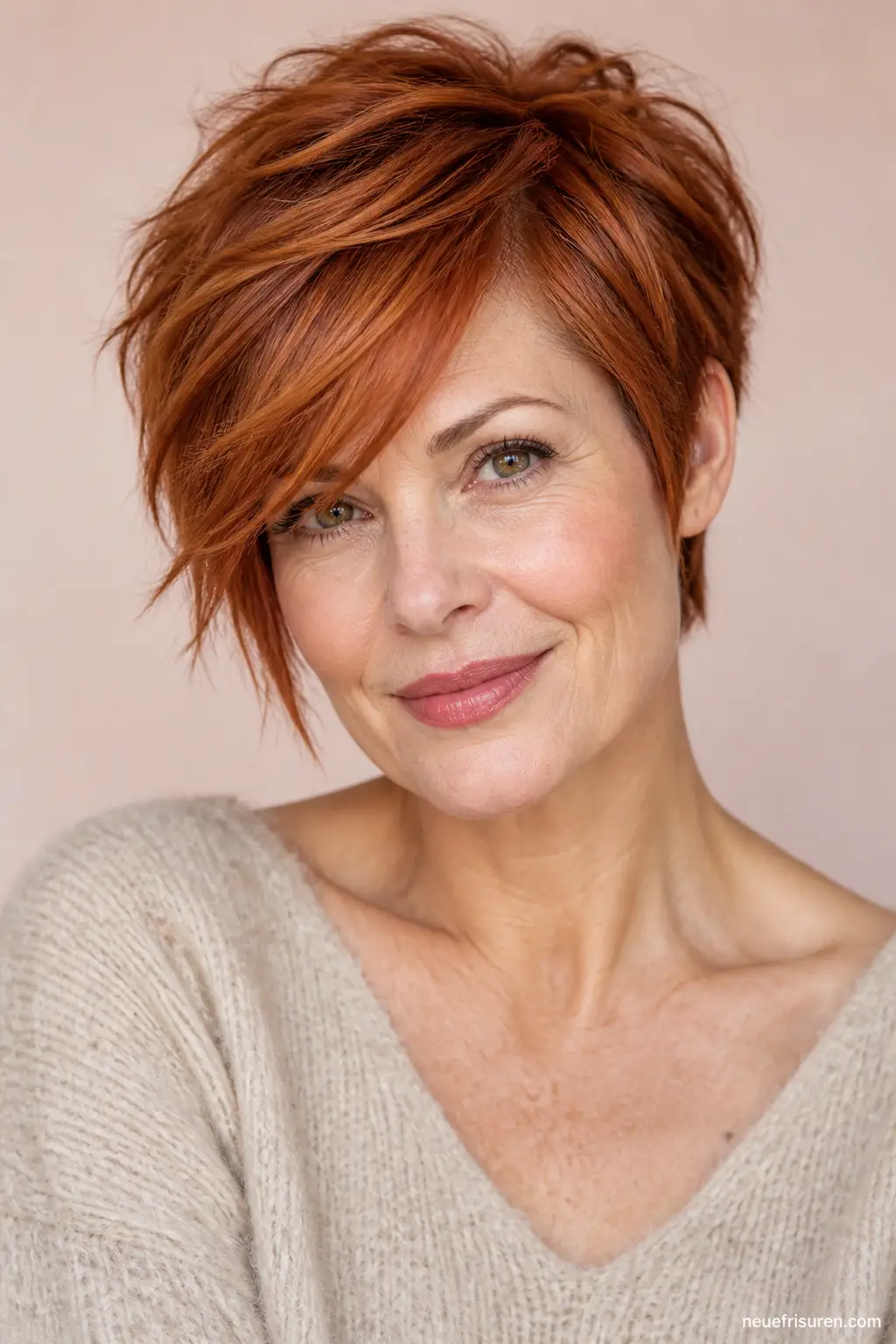 Kupferfarbener Pixie Cut mit langem Pony – neuefrisuren.com