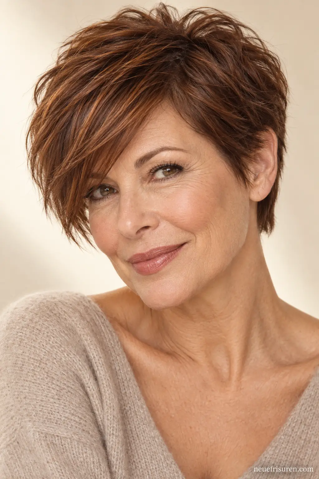 Rötlich-brauner Pixie Cut mit langem Seitenpony – neuefrisuren.com