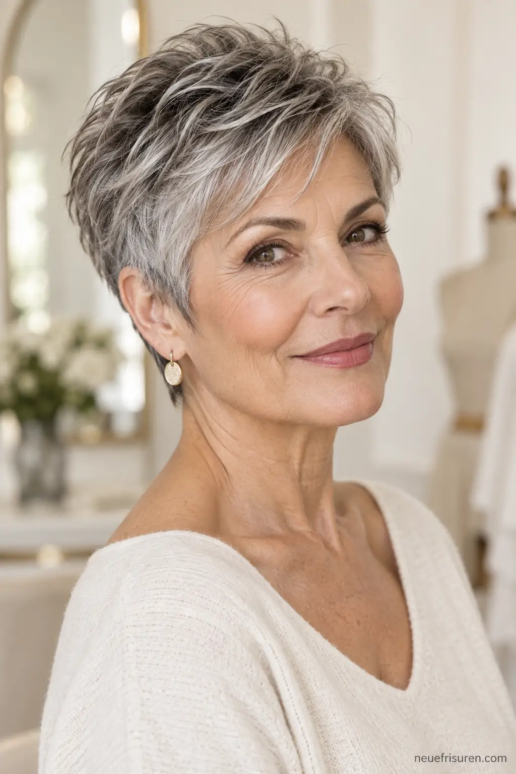 Salz-und-Pfeffer Pixie Cut mit sanfter Kontur – neuefrisuren.com